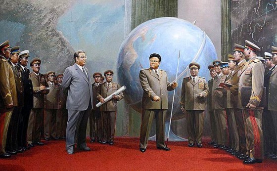 korea-propaganda-poster-of-Kim-Jong-il-and-father-Kim-Il-sung-standing-in-front-of-a-giant-globe